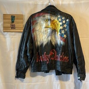 vintage Black Leather Jacket with Eagle airbrush art